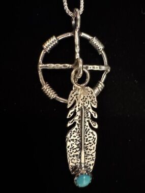 Sterling Silver Feather Dreamcatcher Pendant Necklace with Turquoise Accent